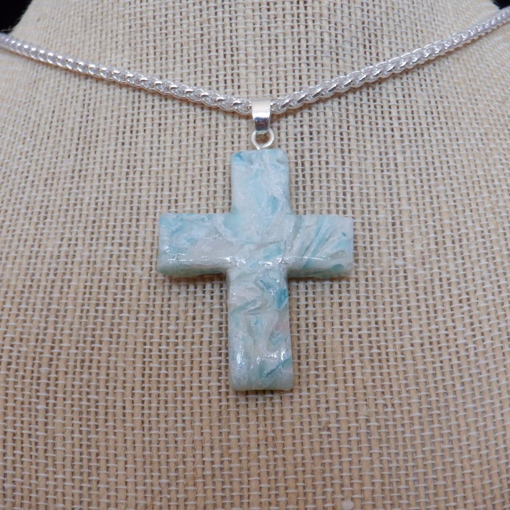 Blue/White Marbled Cross Pendant Chain A