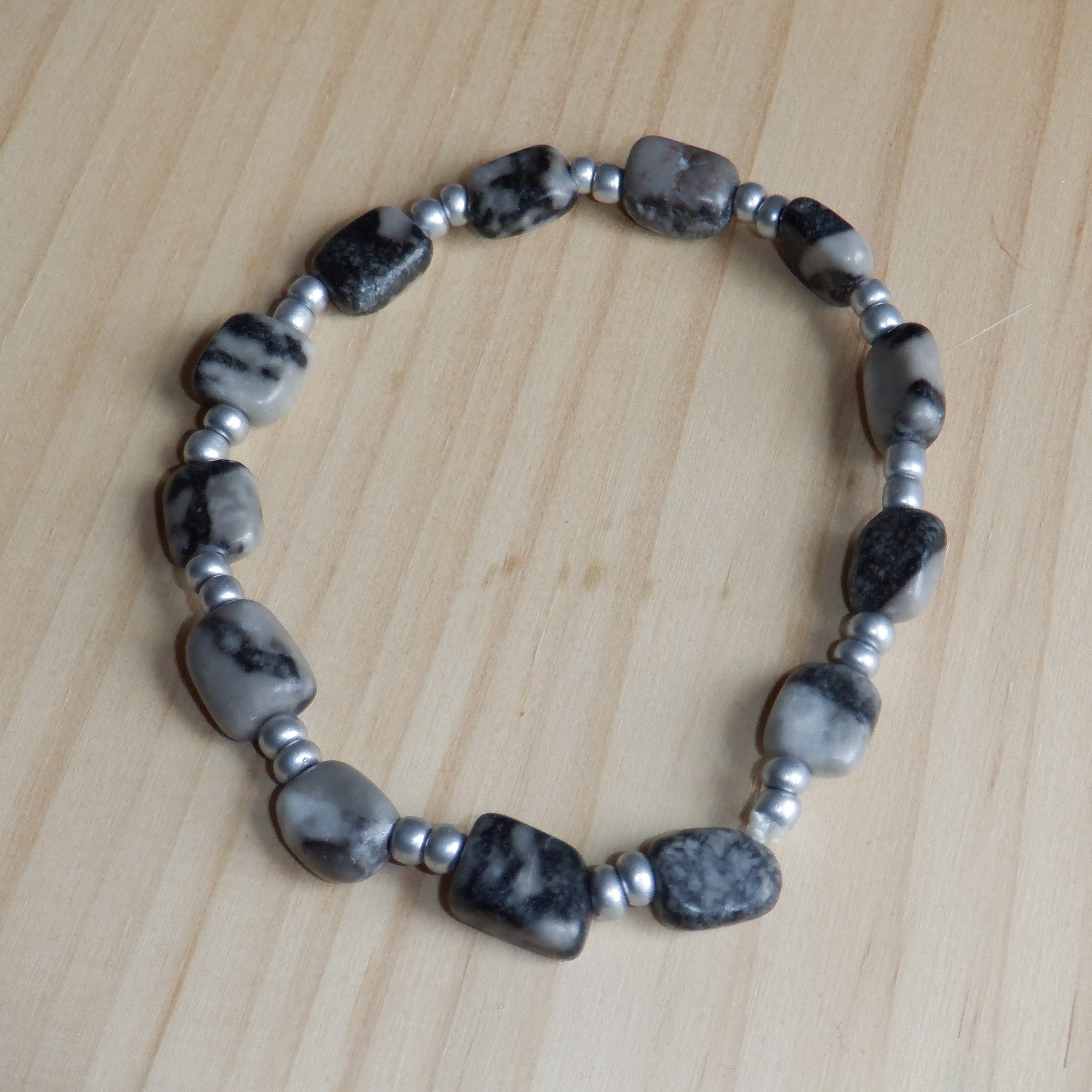 Men's Black Grey Onyx Marble Beaded Stretch Bracelet