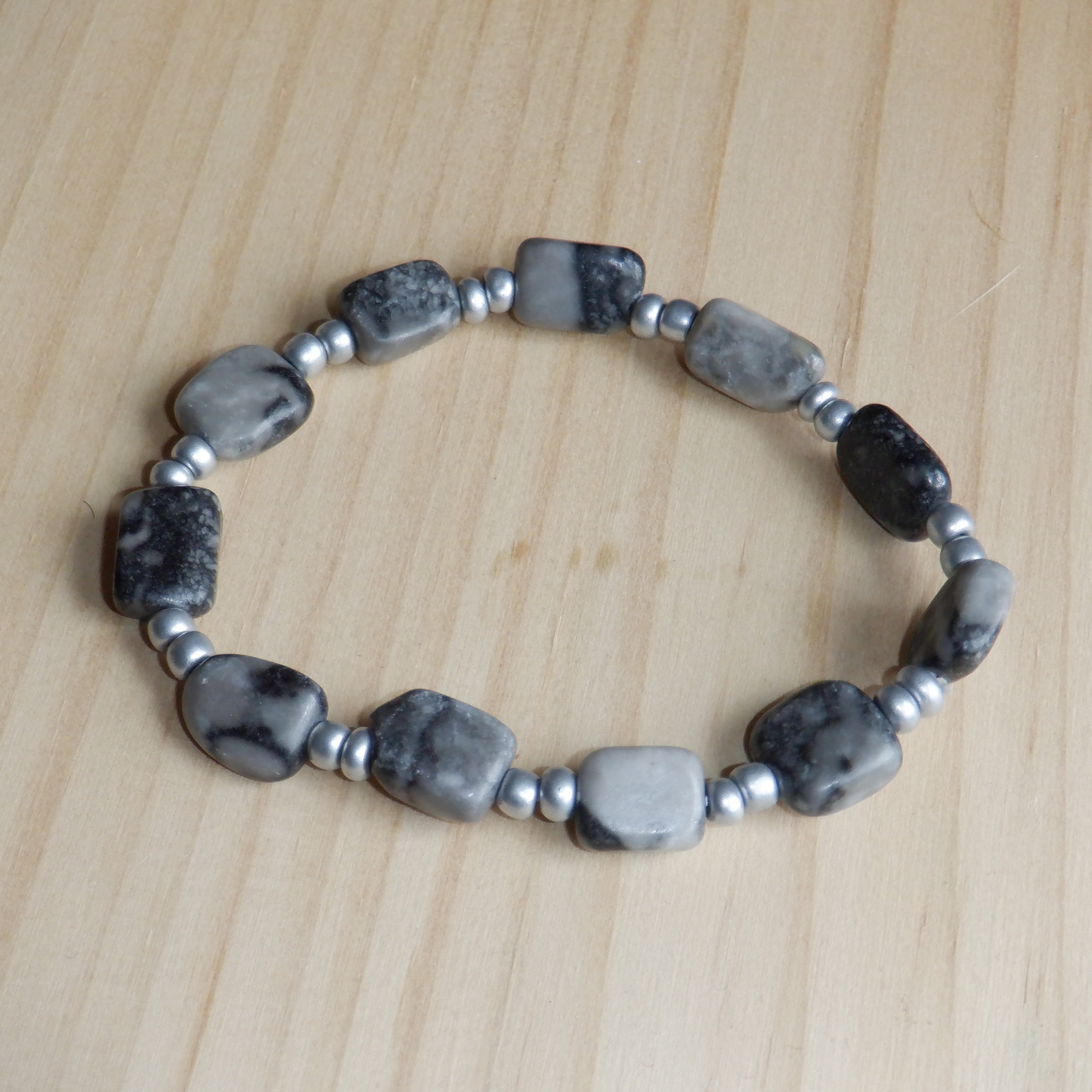 Men's Black Grey Onyx Marble Beaded Stretch Bracelet