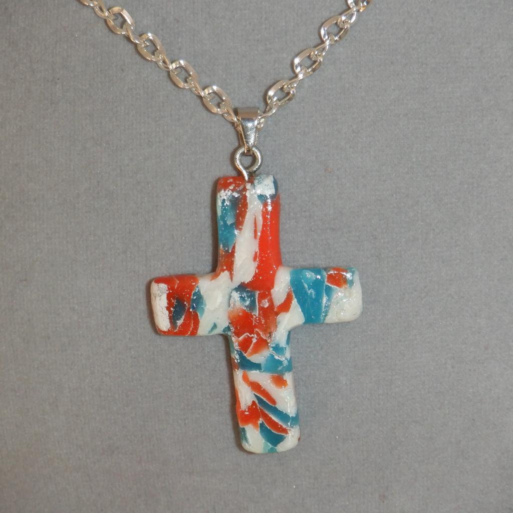 Red/White/Blue Marbled Cross Pendant Chain B