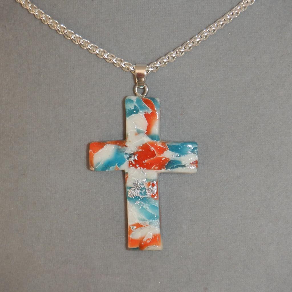 Red/Blue/White Marbled Cross Pendant Chain A