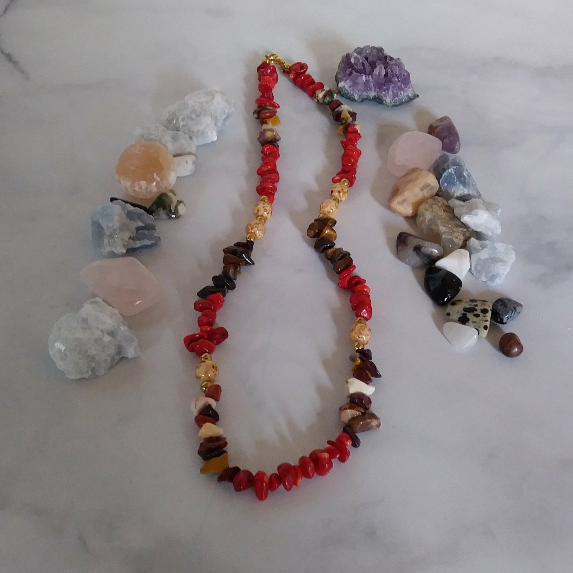 Tiger Eye Mookiate Jasper Bamboo Coral Bronze Stone Chips Necklace
